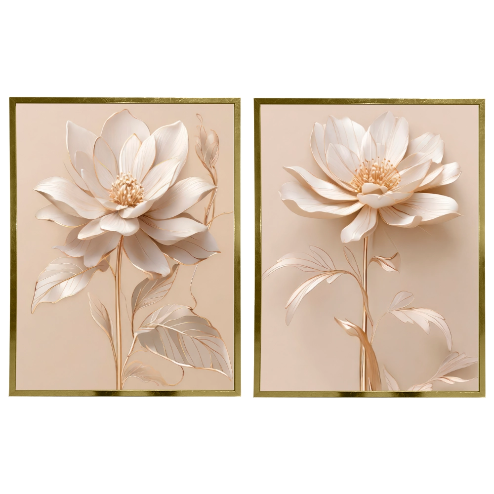 Kit 2 Quadros: Floral Elegância Dourado