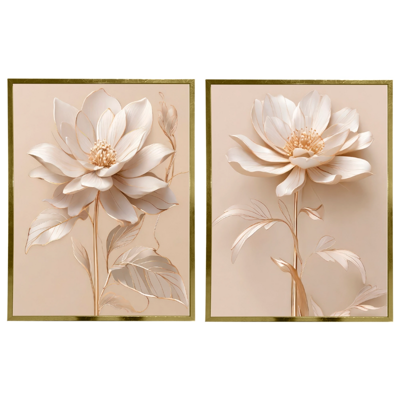 Kit 2 Quadros: Floral Elegância Dourado