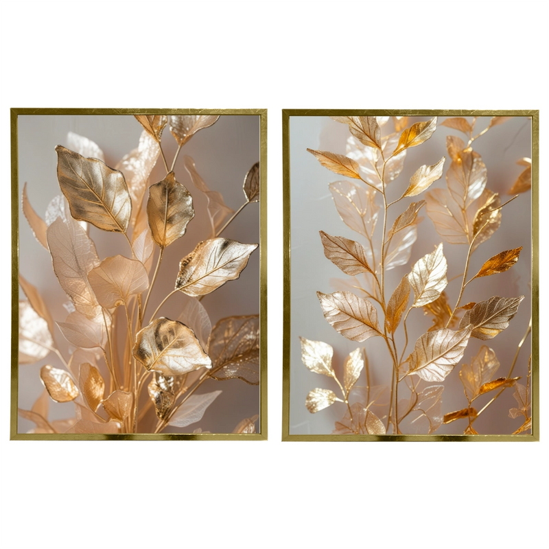 Kit 2 Quadros: Floral Ouro Botânico - 60x80