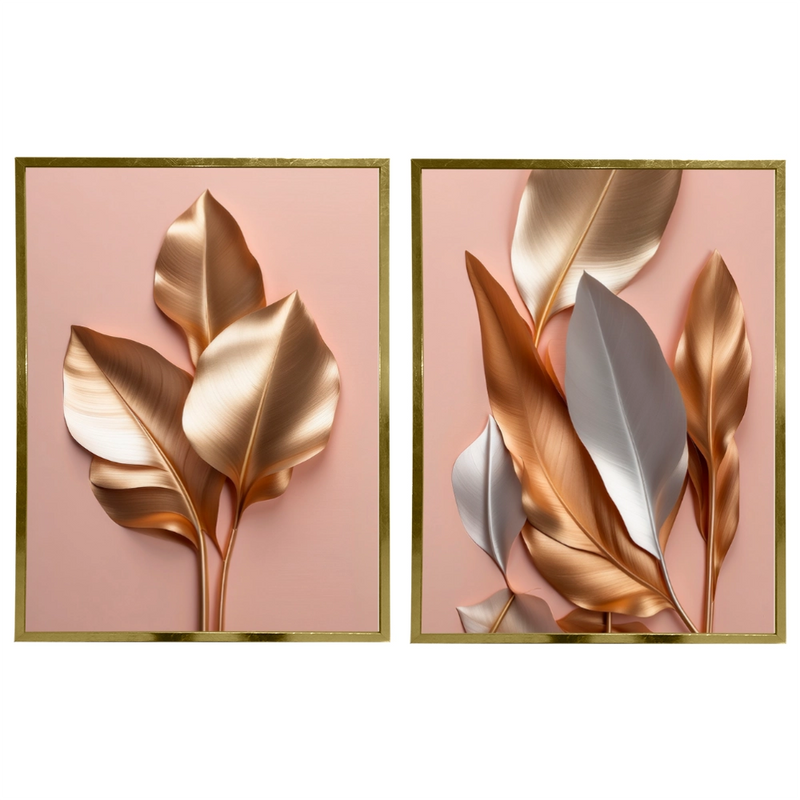 Kit 2 Quadros: Floral Ouro e Rosé