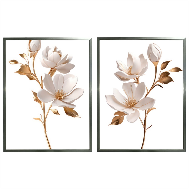 Kit 2 Quadros: Duo Floral Dourado