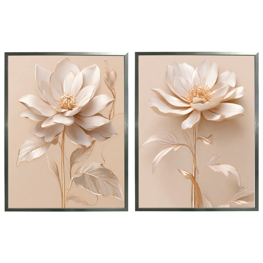 Kit 2 Quadros: Floral Elegância Dourado