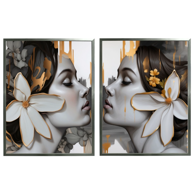 Kit 2 Quadros: Floral - Arte Moderna em Tons Neutros