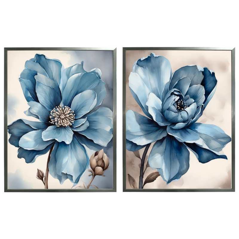Kit 2 Quadros: Floral Azul Sereno