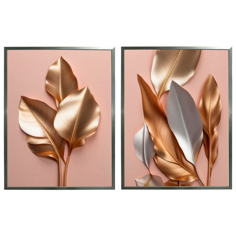 Kit 2 Quadros: Floral Ouro e Rosé