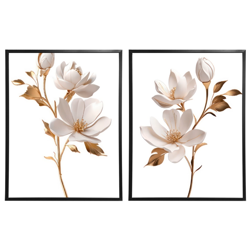 Kit 2 Quadros: Duo Floral Dourado