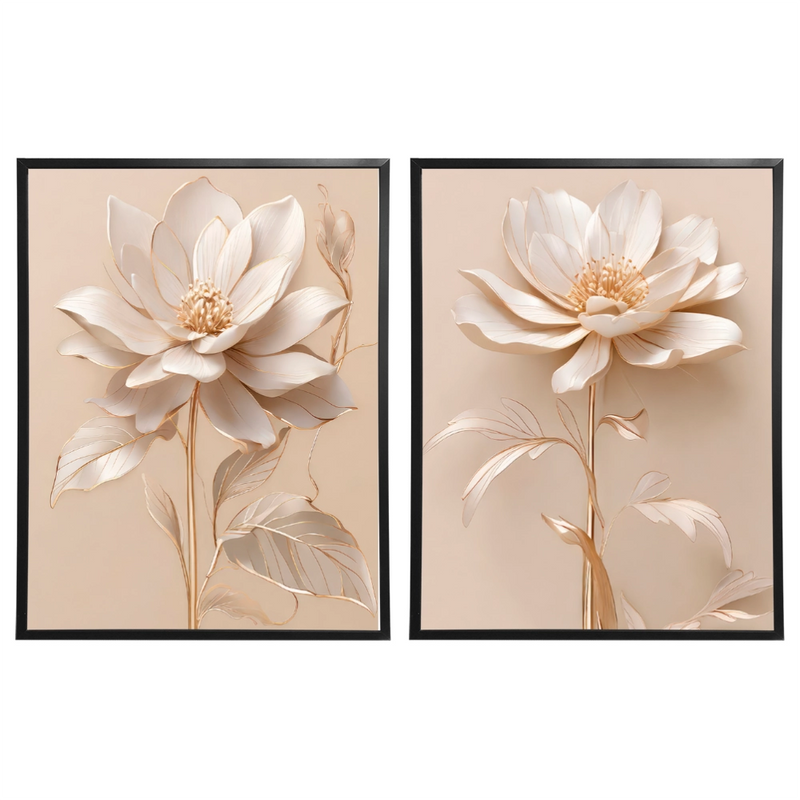 Kit 2 Quadros: Floral Elegância Dourado