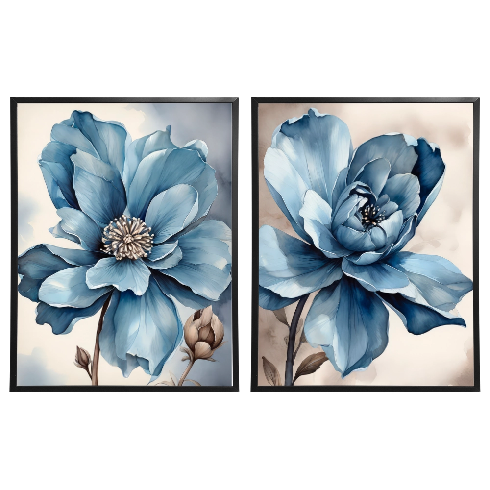 Kit 2 Quadros: Floral Azul Sereno