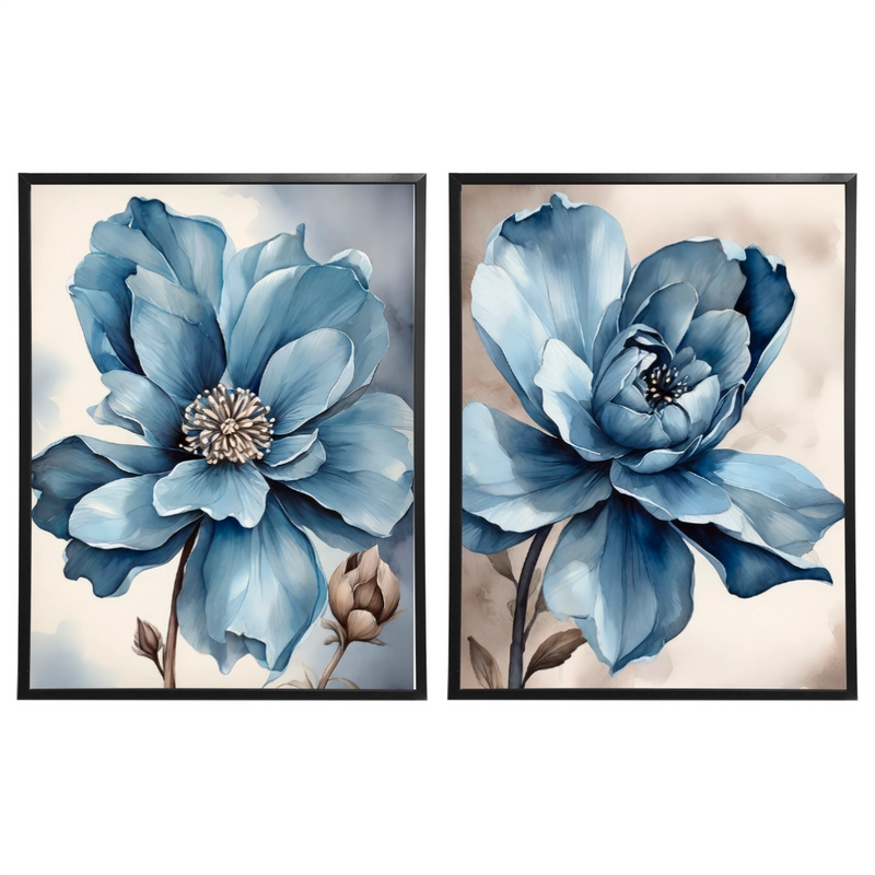 Kit 2 Quadros: Floral Azul Sereno