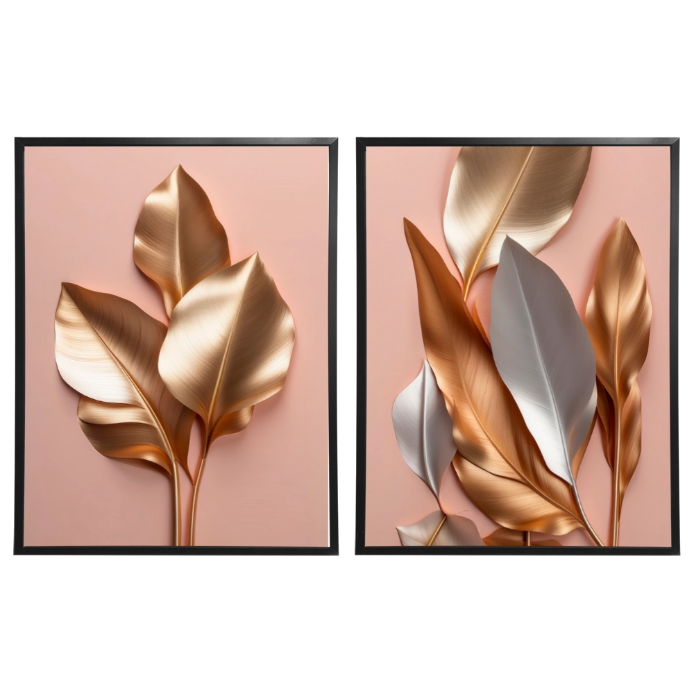Kit 2 Quadros: Floral Ouro e Rosé