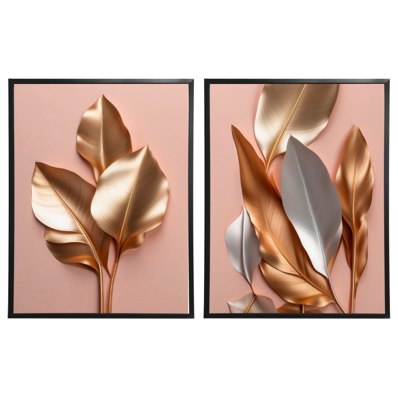 Kit 2 Quadros: Floral Ouro e Rosé